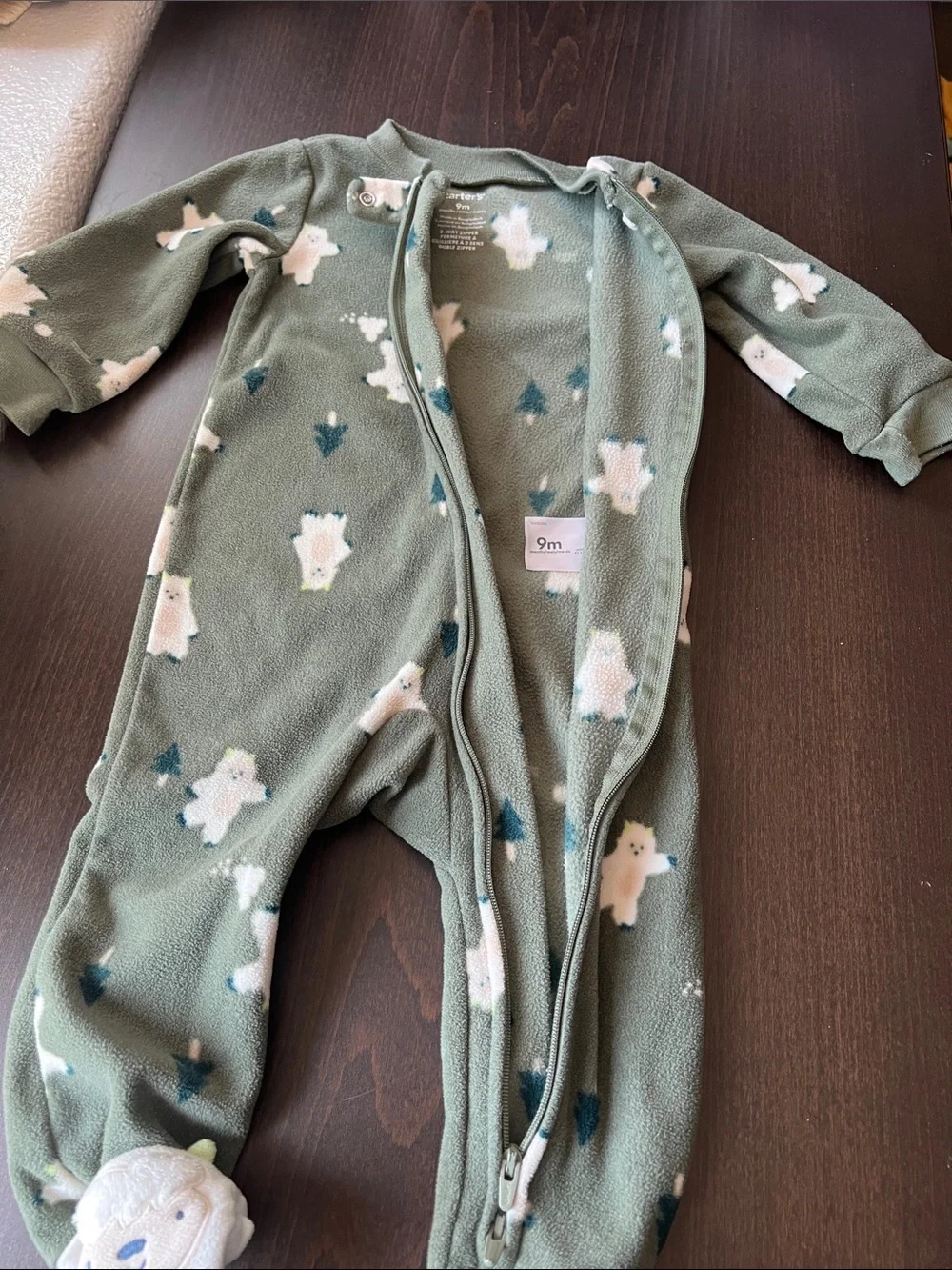 Plush Polar Bear Print Olive Green Kids One-Piece